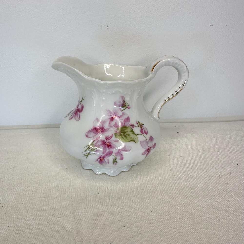Weimar Germany Floral Creamer Vintage White Pink Porcelain Gold Trim Pitcher